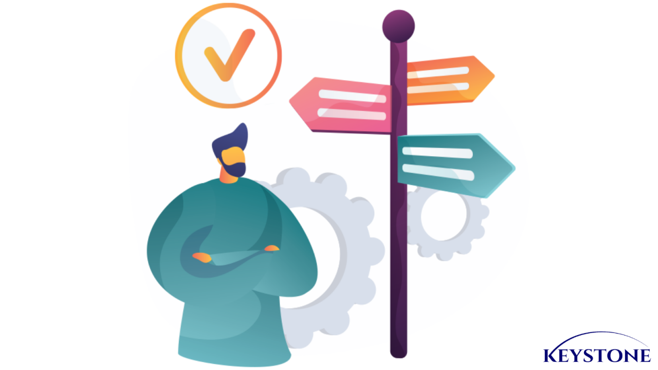 Illustration of a man standing in front of a crossroad sign