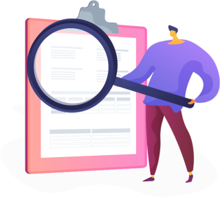 Illustration of a man holding a magnifying glass against a clipboard